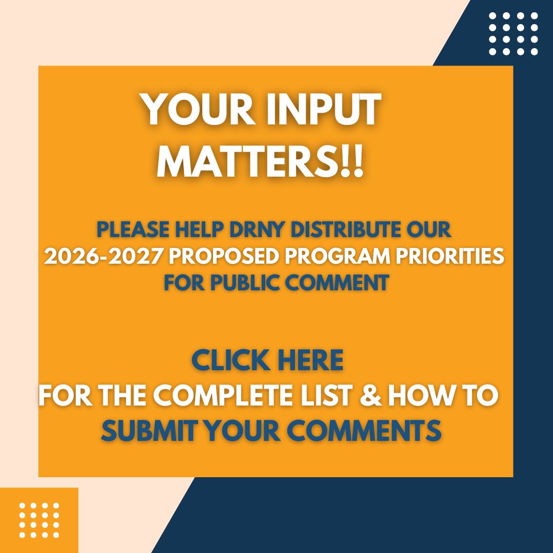 Your input Matters PLEASE HELP DRNY DISTRIBUTE Our  2026-2027 Proposed Program priorities  FOR PUBLIC COMMENT Click here  for the complete list and how to  submit your comments